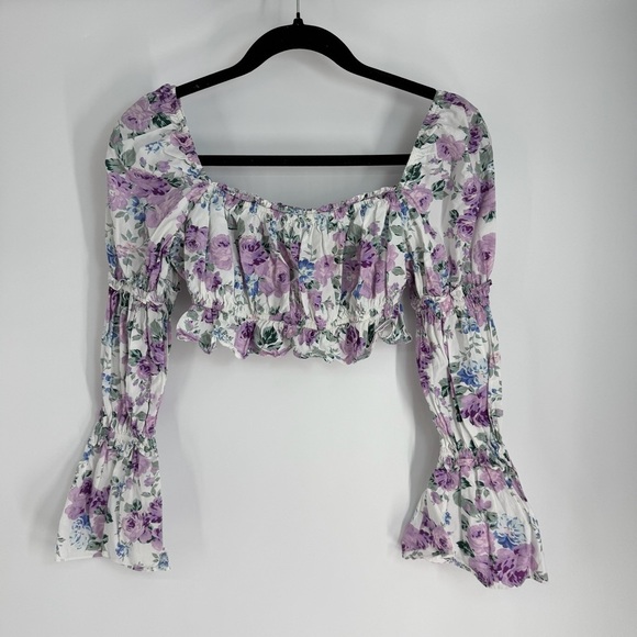 Rays for Days Floral square Neck Off Shoulder Long Sleeve Crop Top - Picture 1 of 4